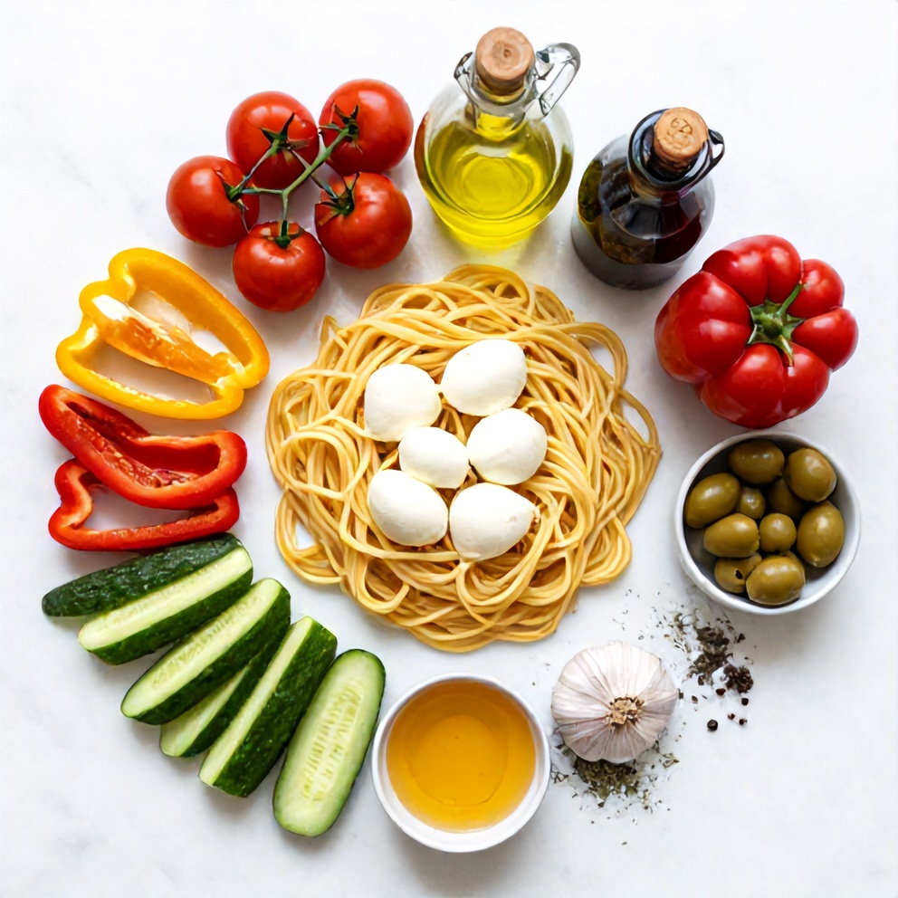 Raw ingredients for Italian pasta salad