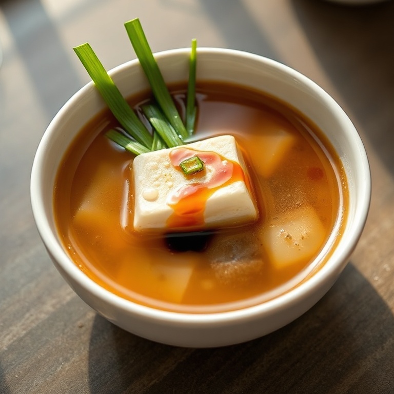 A single serving of Japanese Shiitake Tofu Clear Soup in a porcelain bowl. Fresh green onions and a drizzle of soy sauce add visual appeal. Warm side lighting highlights the rich texture of the soup.