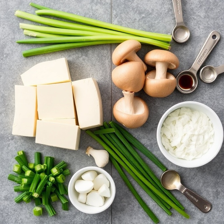 A flat lay of raw ingredients for Japanese Shiitake Tofu Clear Soup. Tofu, shiitake mushrooms, green onions, garlic, and rice wine vinegar are arranged neatly with measuring spoons and bowls nearby. Bright even light shows off the fresh ingredients.