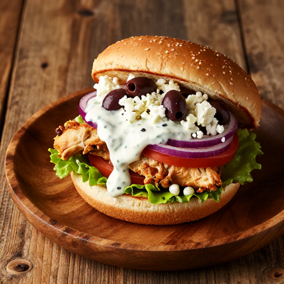 Plated Greek chicken burger with tzatziki sauce