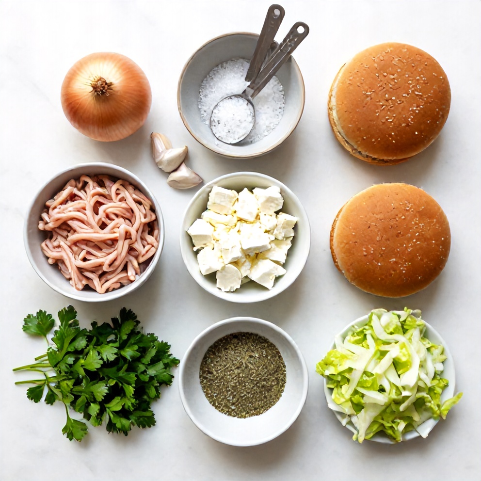 Raw ingredients for Greek chicken burgers