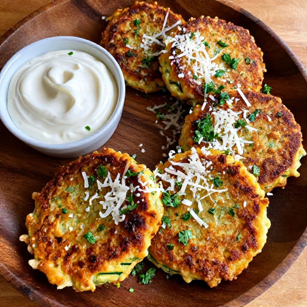 Plated Keto Zucchini Parmesan Fritters with sour cream dip