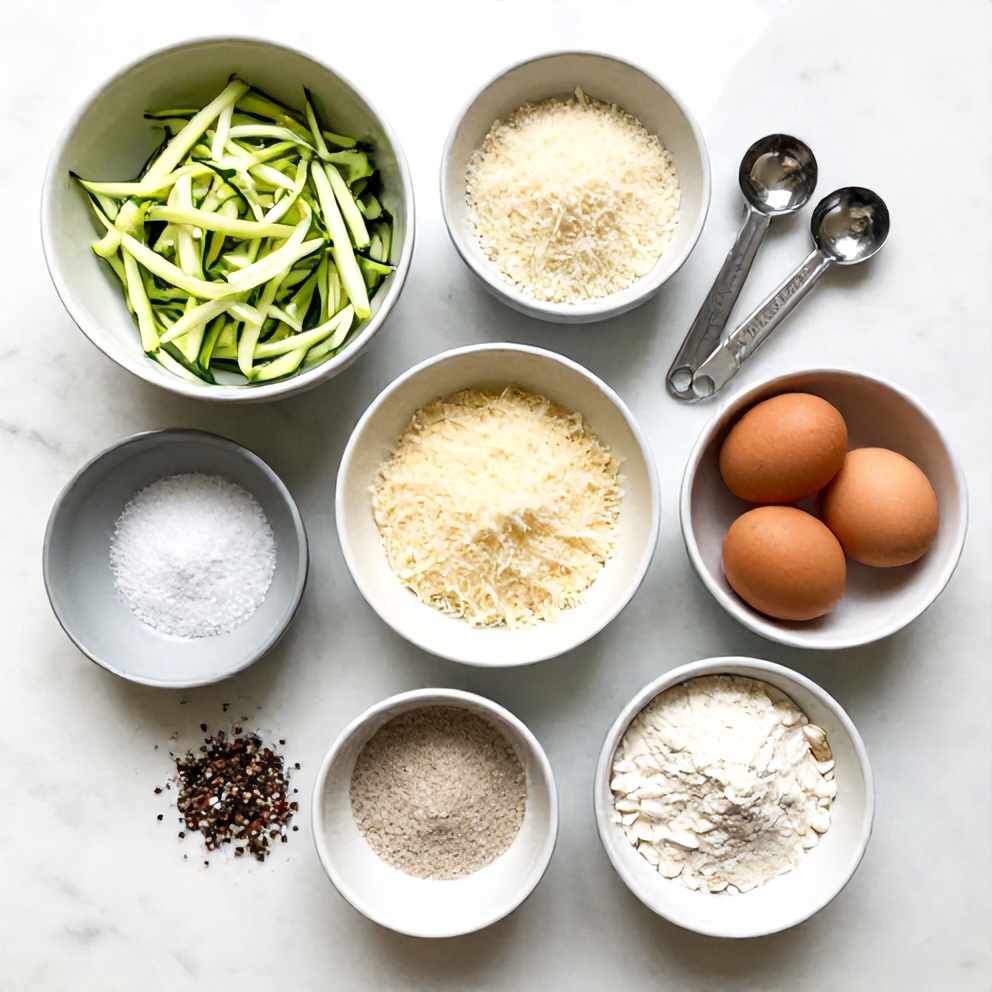 Raw ingredients for Keto Zucchini Parmesan Fritters on a marble surface
