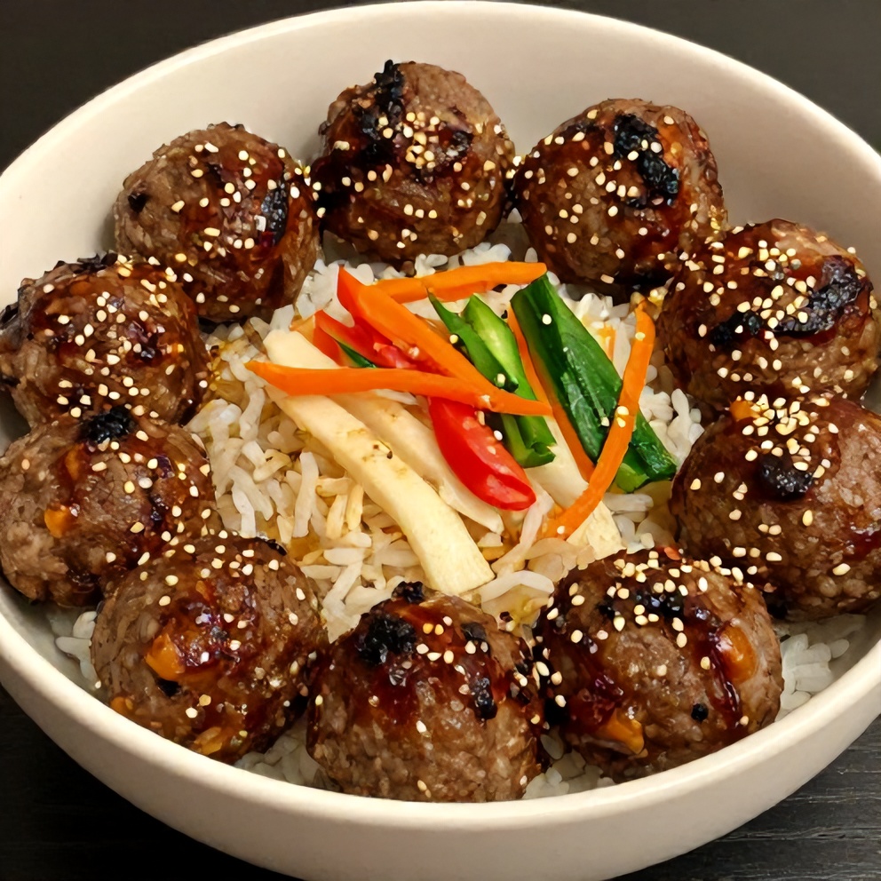 Korean BBQ Meatball Rice Bowl plated with sesame seeds