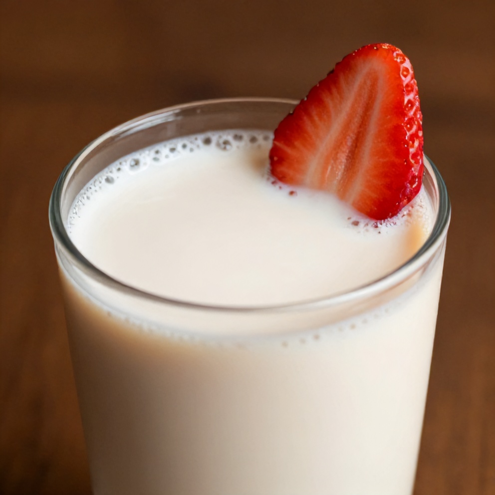 Glass of Korean strawberry milk with a strawberry slice