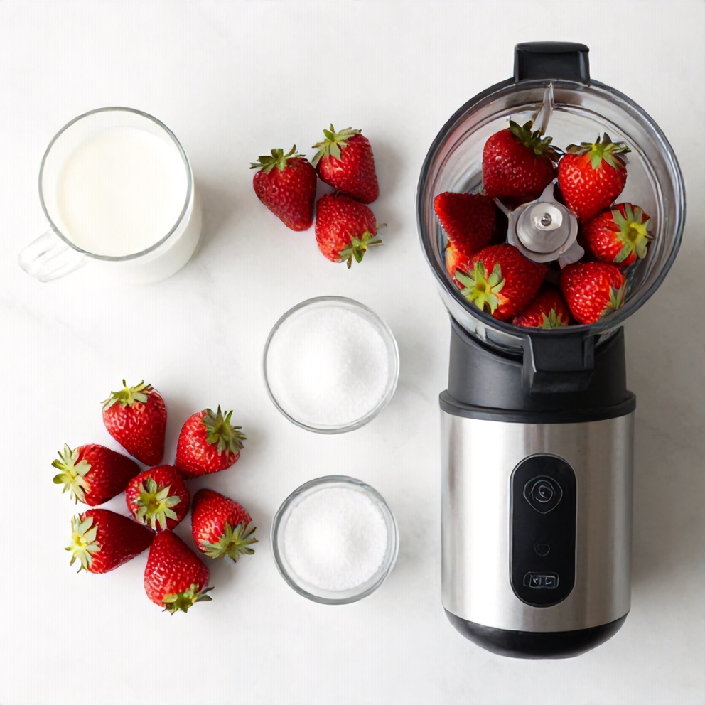 Strawberries, milk, sugar, and a blender on a wooden surface