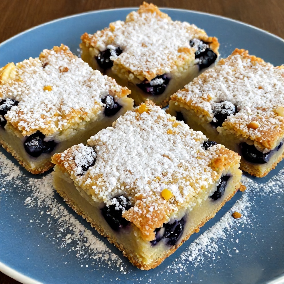 Lemon Blueberry Shortbread Bars with powdered sugar on a blue plate