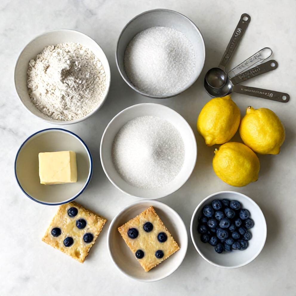 Ingredients for Lemon Blueberry Shortbread Bars on a marble counter