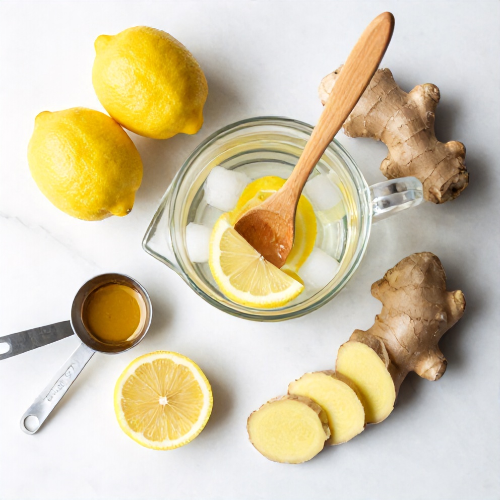 Lemons, ginger, water, ice, and honey on a wooden surface
