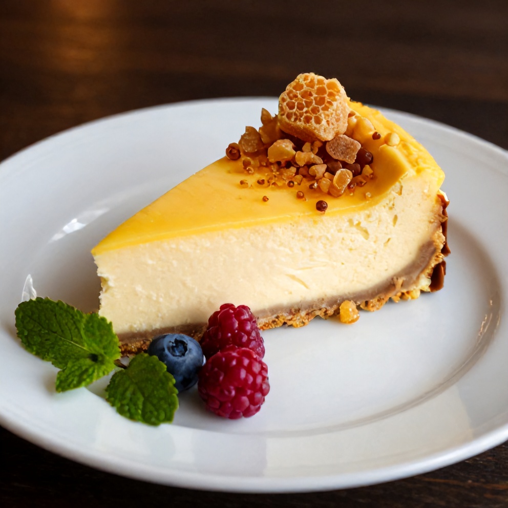 Sliced Lemon Lavender Cheesecake with Honeycomb Topping