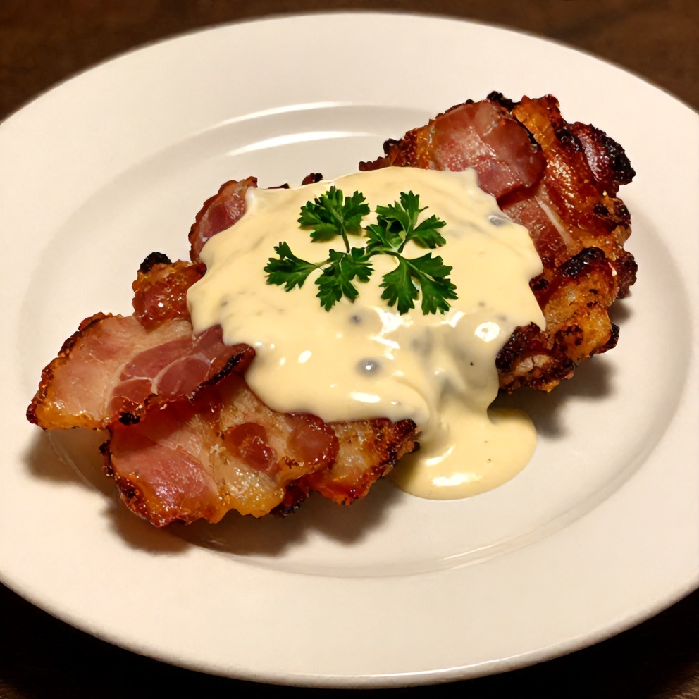Plated maple bacon pork chops with creamy dijon sauce
