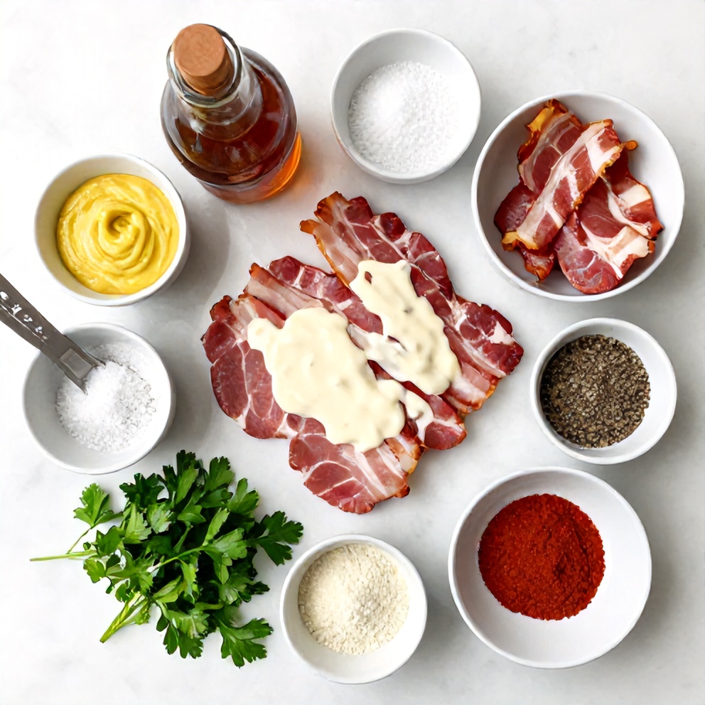 Raw ingredients for maple bacon pork chops with creamy dijon sauce