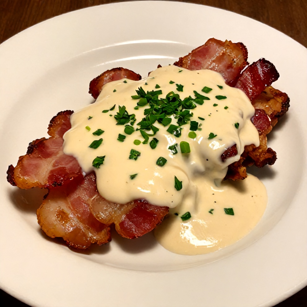 Plated maple bacon pork chops with creamy Dijon sauce