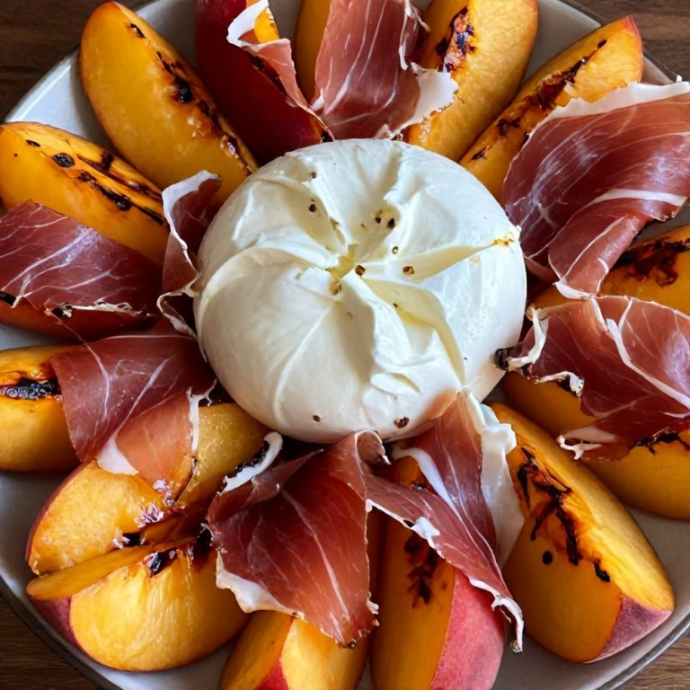 Mediterranean Grilled Peach and Prosciutto Salad with Burrata