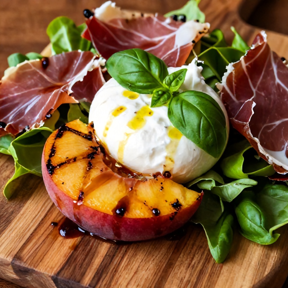Mediterranean Grilled Peach and Prosciutto Salad with Burrata