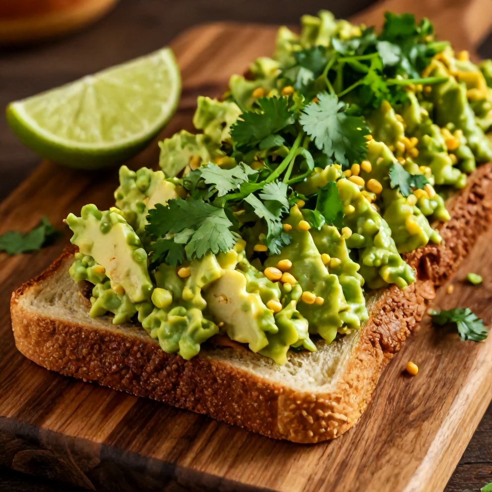 Plated Mexican Street Corn Avocado Toast with a lime wedge and fresh cilantro