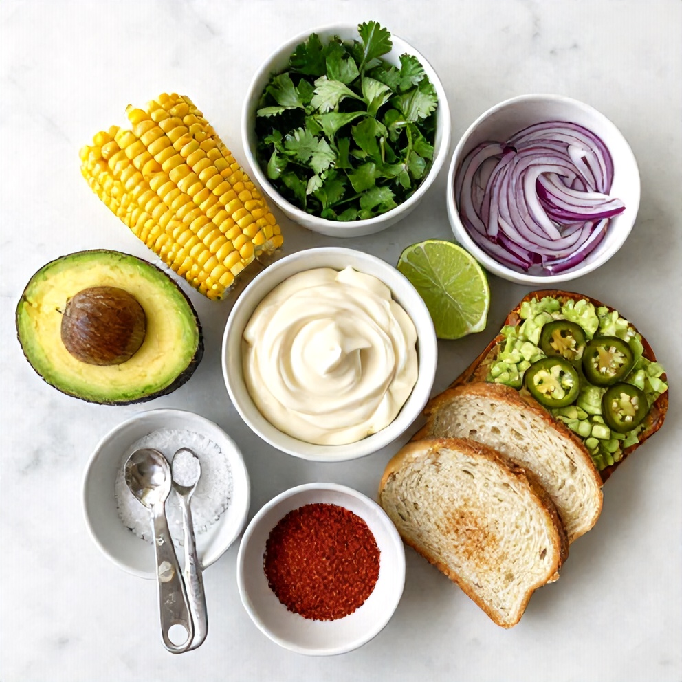 Raw ingredients for Mexican Street Corn Avocado Toast on a white marble counter