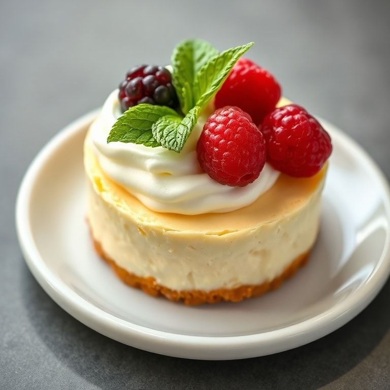 A single mini cheesecake topped with fresh berries and mint on a small white plate, close up in natural light.