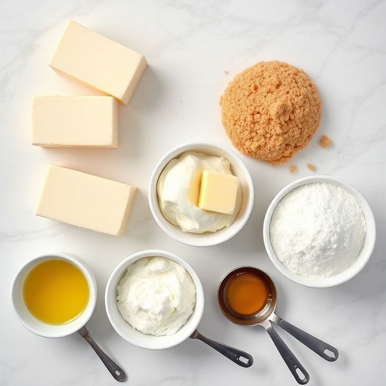 Overhead view of cream cheese, graham crackers, sugar, butter, and eggs in bowls with measuring spoons on white marble.