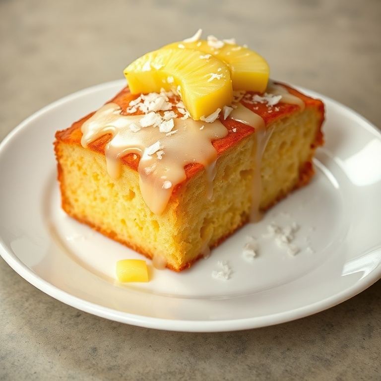 Perfect slice of pineapple coconut loaf bread on a white porcelain plate. A drizzle of glaze, fresh pineapple slices, and shredded coconut on top. Warm side lighting shows texture.