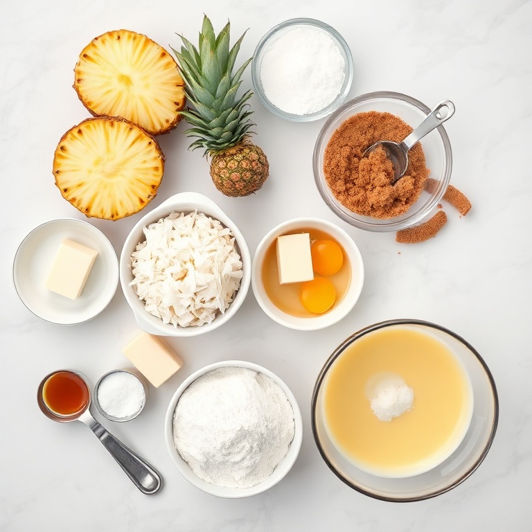 Fresh pineapples, shredded coconut, all-purpose flour, butter, eggs, brown sugar, vanilla extract, baking powder, salt, and a mixing bowl. All ingredients arranged in a clean overhead flat lay.