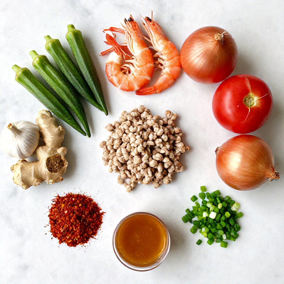 Raw ingredients for Nigerian Okra Soup