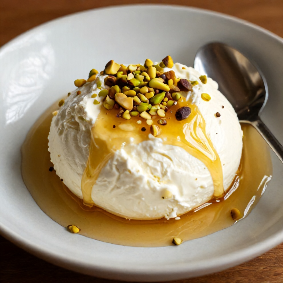 Plated no-bake ricotta cups with honey and pistachios