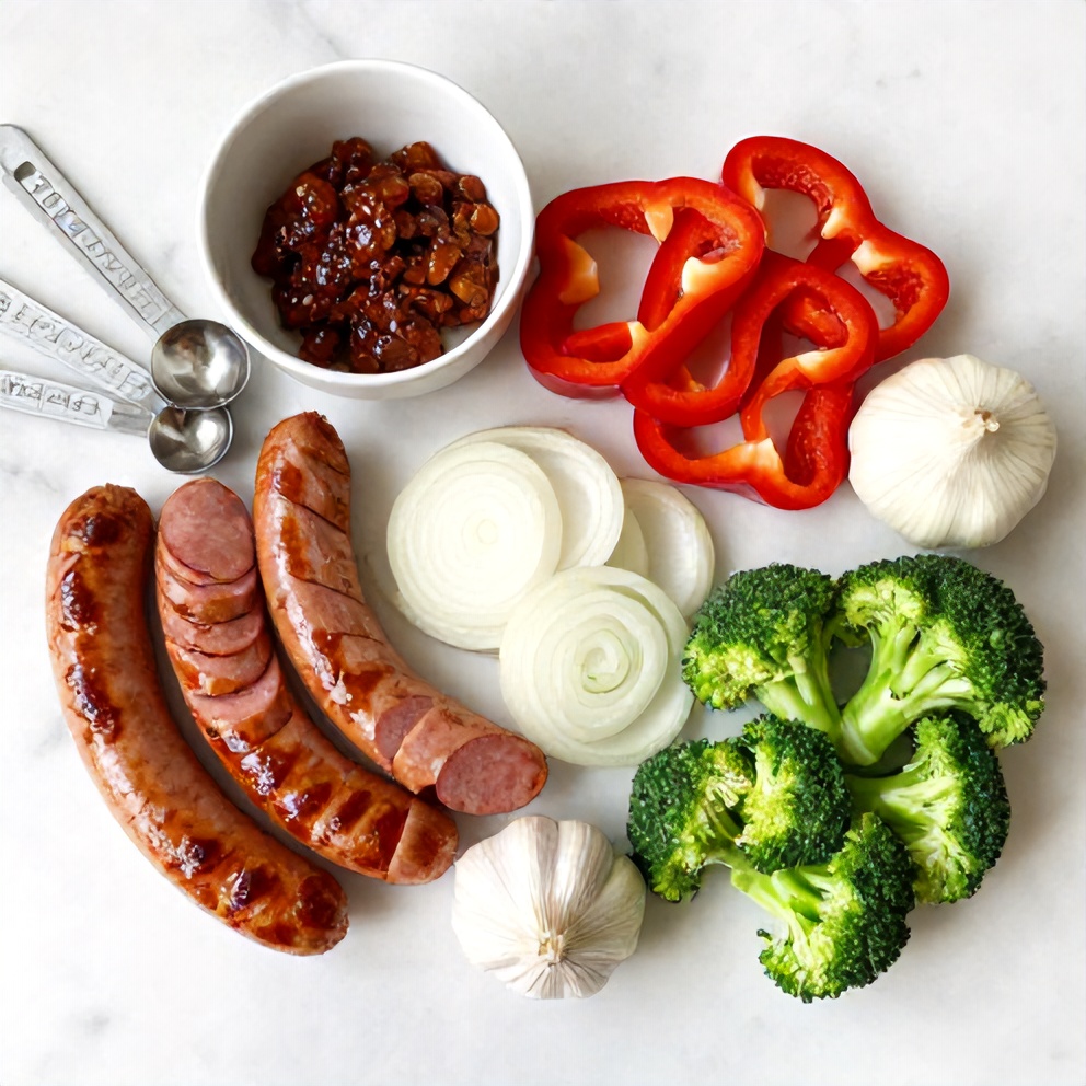 Raw Ingredients for One-Pan Honey Garlic Kielbasa and Veggies Dinner