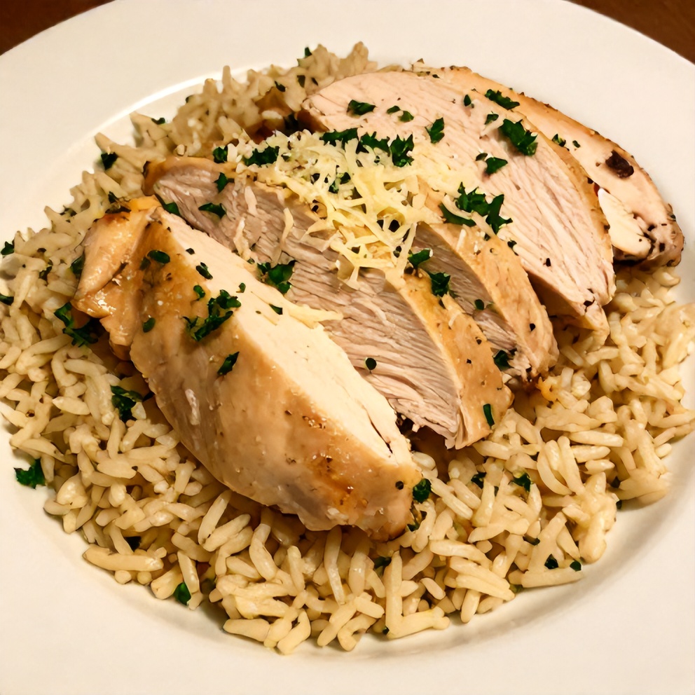 Plated one-pan lemon chicken and rice dinner