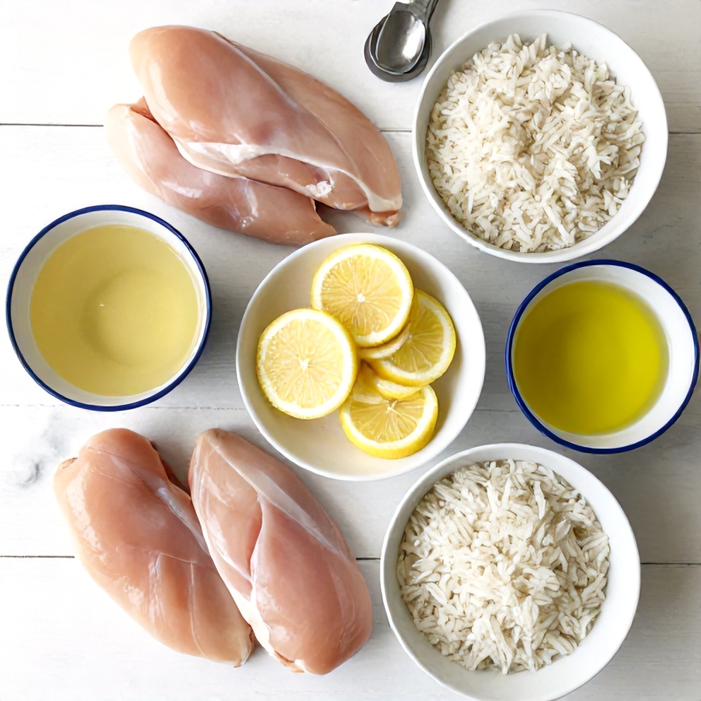 Raw ingredients for one-pan lemon chicken and rice