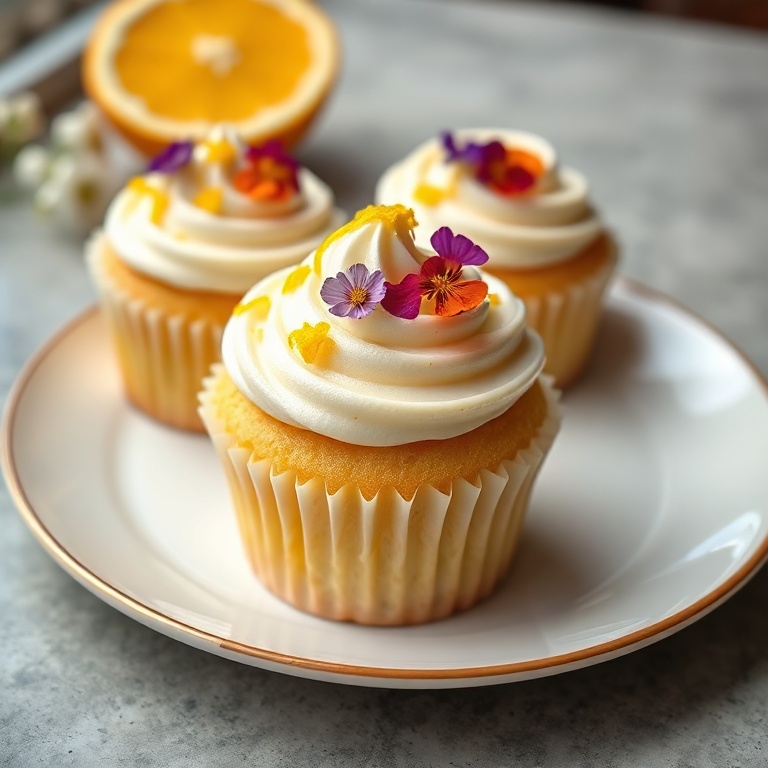 One perfect plated serving of orange blossom cupcakes with vanilla bean buttercream. Topped with orange zest and edible flowers. Close crop, food fills 90% of frame. Porcelain plate with warm side lighting.