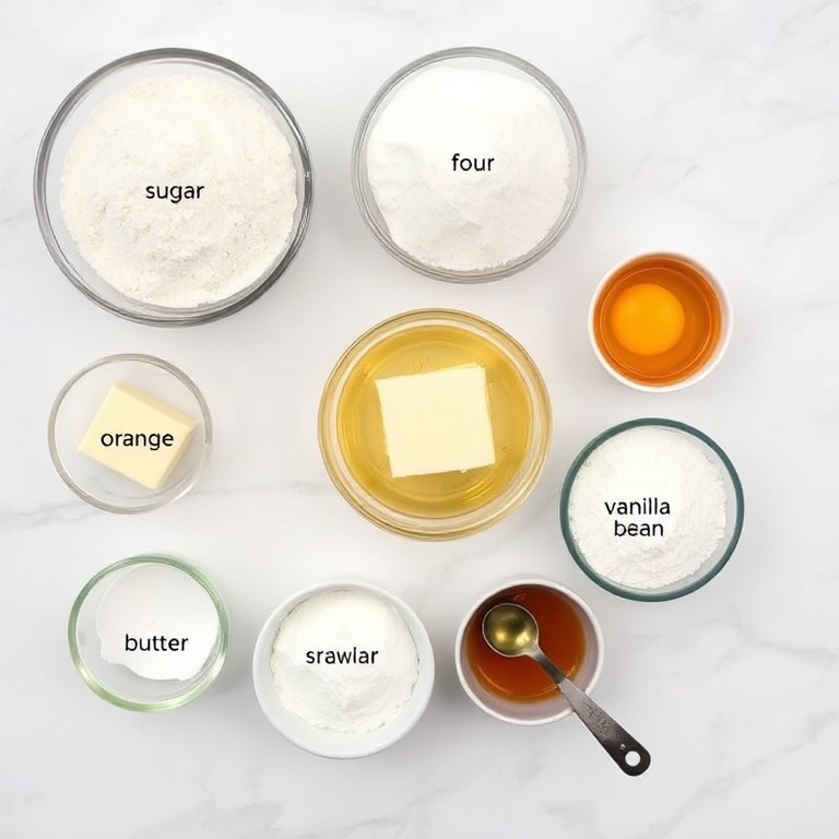 All raw ingredients for orange blossom cupcakes arranged in an overhead flat lay. Flour, sugar, orange zest, butter, eggs, vanilla bean, and baking powder. Small prep bowls and measuring spoons visible. White marble surface. Bright even natural light.