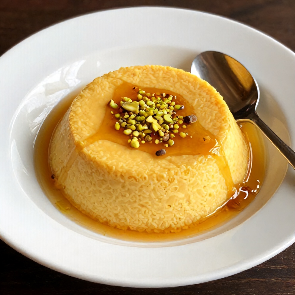 Plated Orange Blossom Semolina Pudding with Pistachios