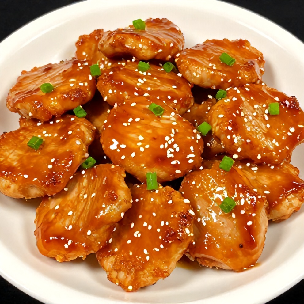 Plated orange teriyaki turkey medallions with green onions