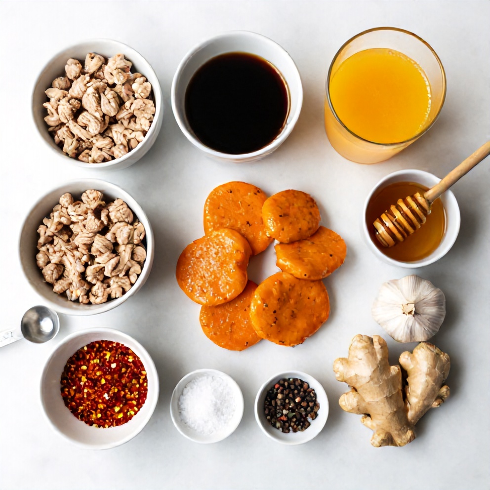Raw ingredients for orange teriyaki turkey medallions on a marble surface