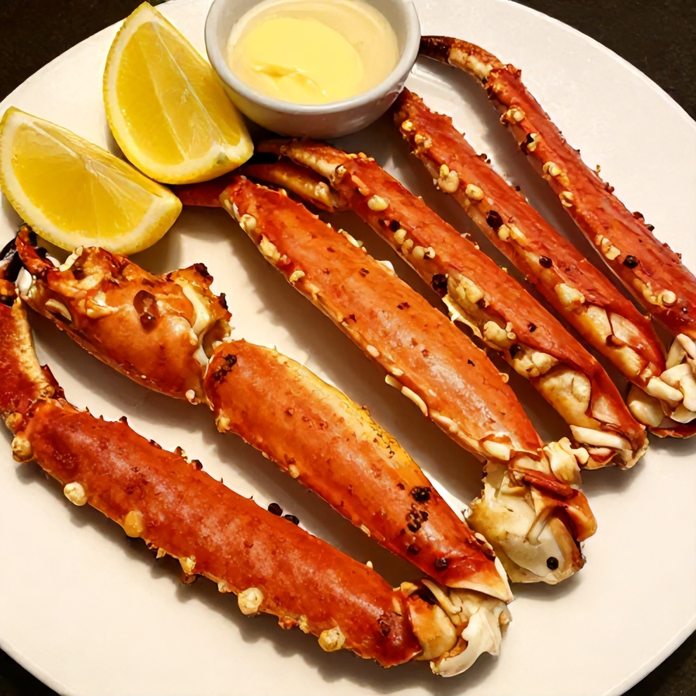 Plated snow crab legs with lemon wedges and melted butter