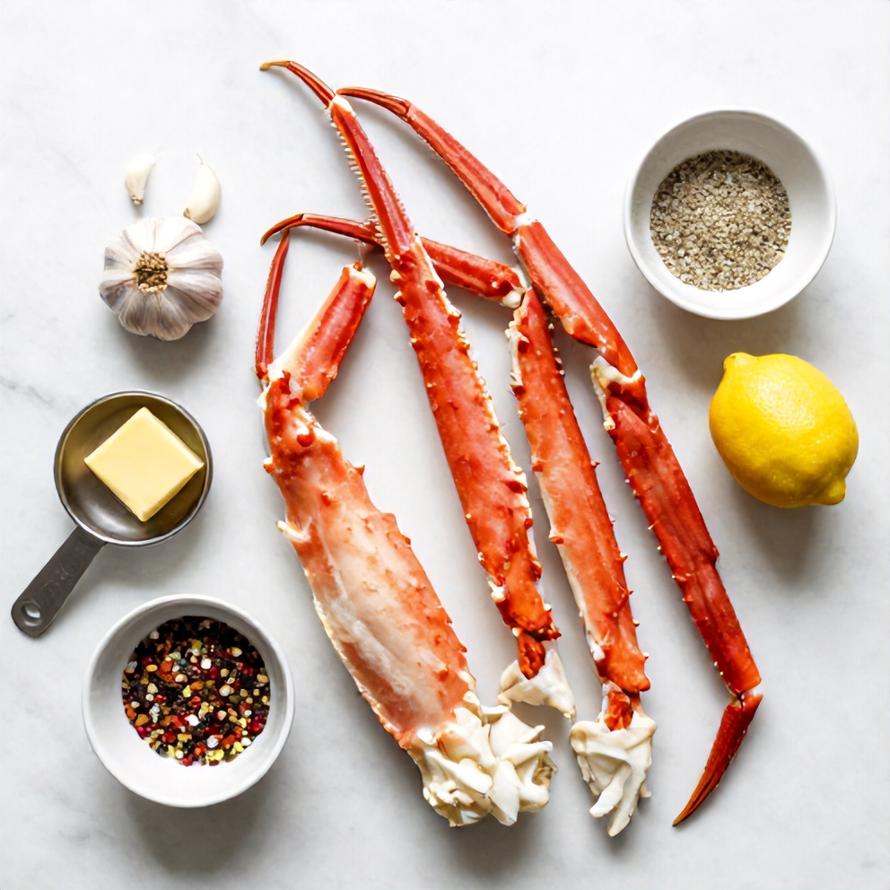 Raw snow crab legs, garlic, butter, lemon, and seasonings on a white marble surface