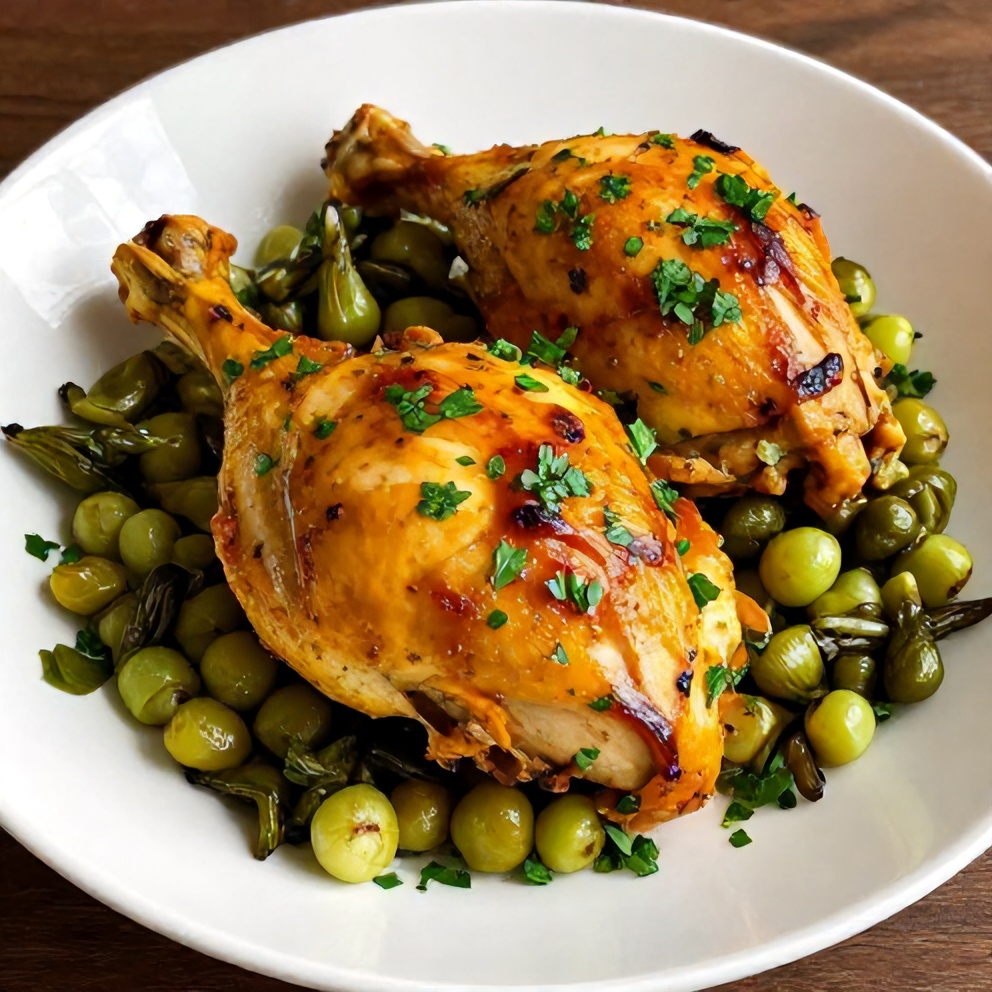 Plated serving of oven baked turmeric chicken with spring vegetables