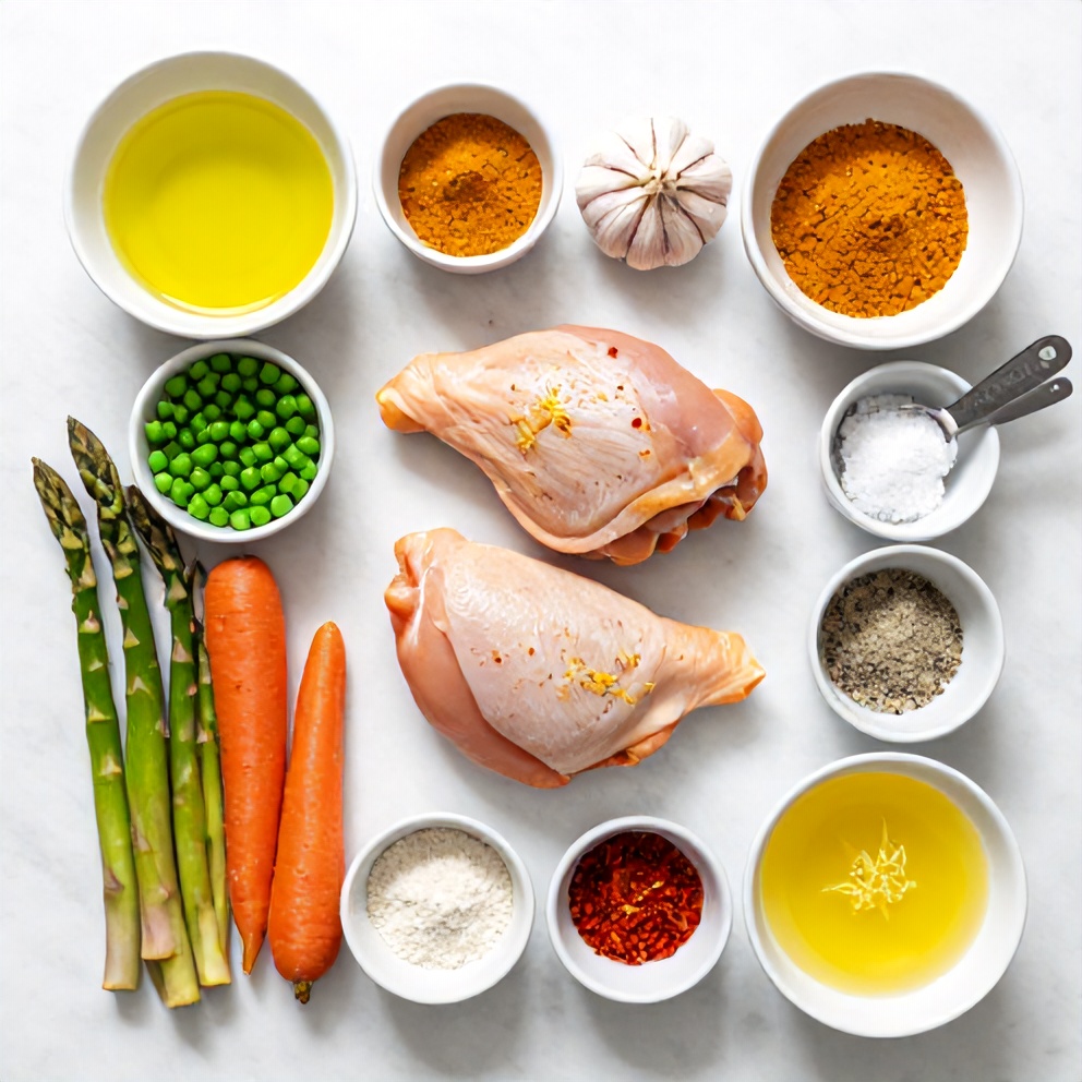 Raw ingredients for oven baked turmeric chicken with spring vegetables