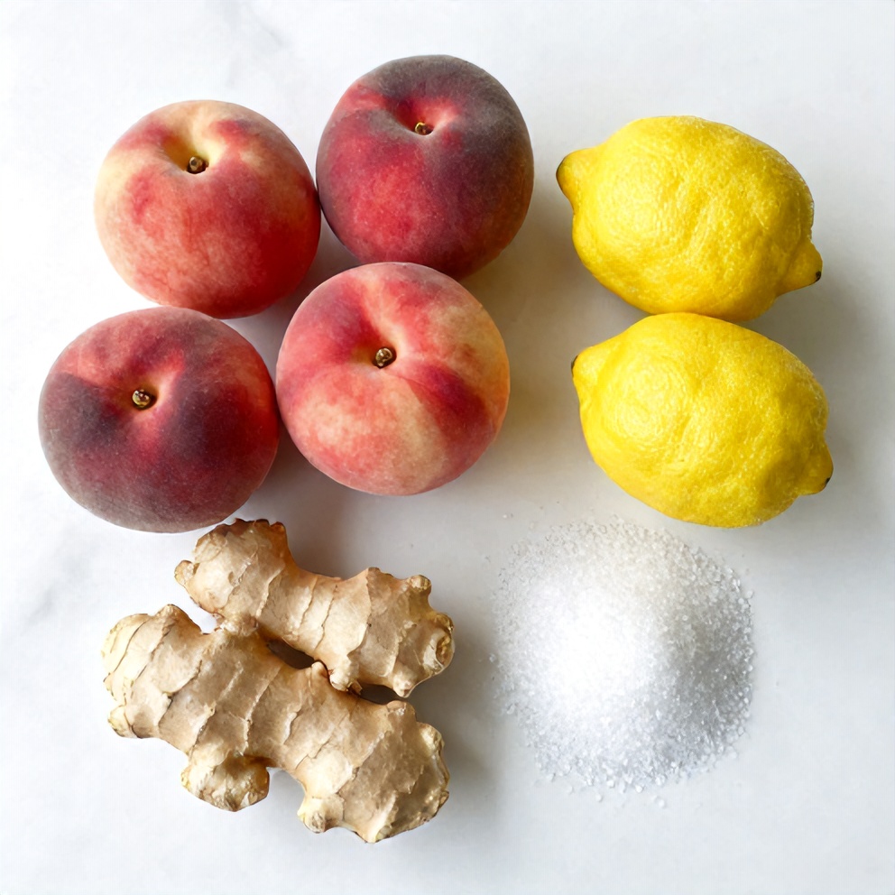 Fresh peaches, lemons, ginger, and sugar arranged on a wooden surface