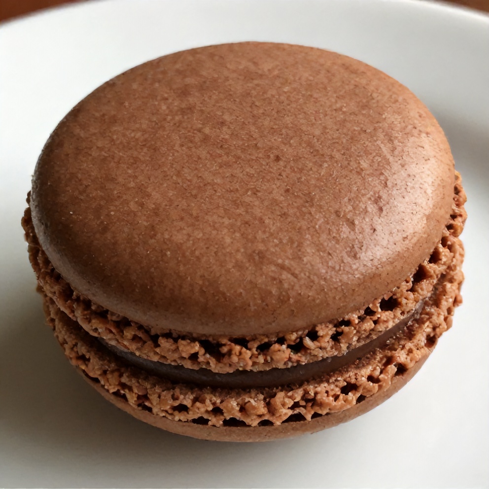 A single chocolate macaron on a white plate
