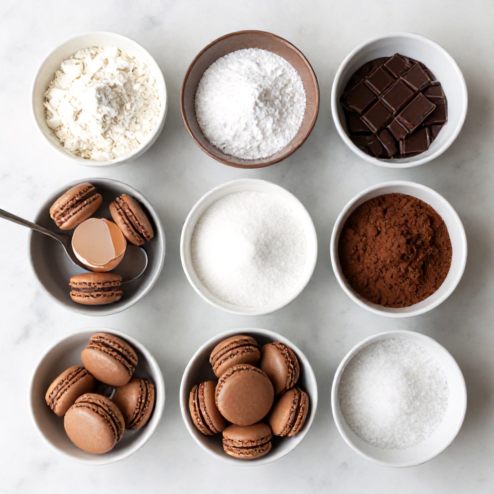 Raw ingredients for chocolate macarons arranged on a marble surface