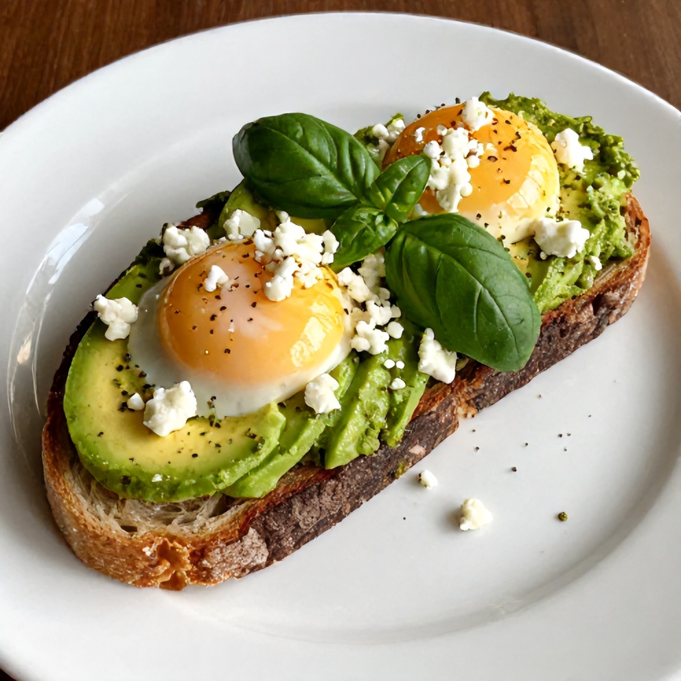 Pesto eggs on avocado toast plated