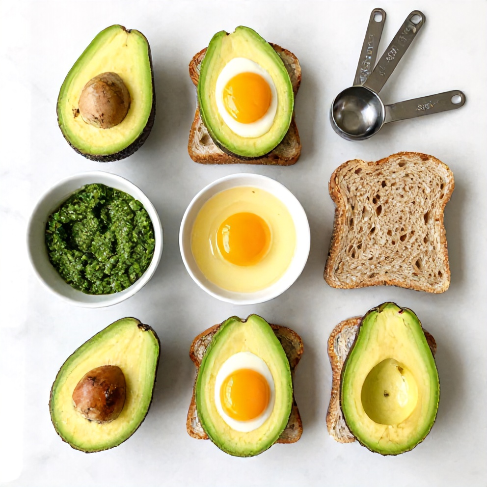 Avocado, eggs, pesto, bread, salt, pepper