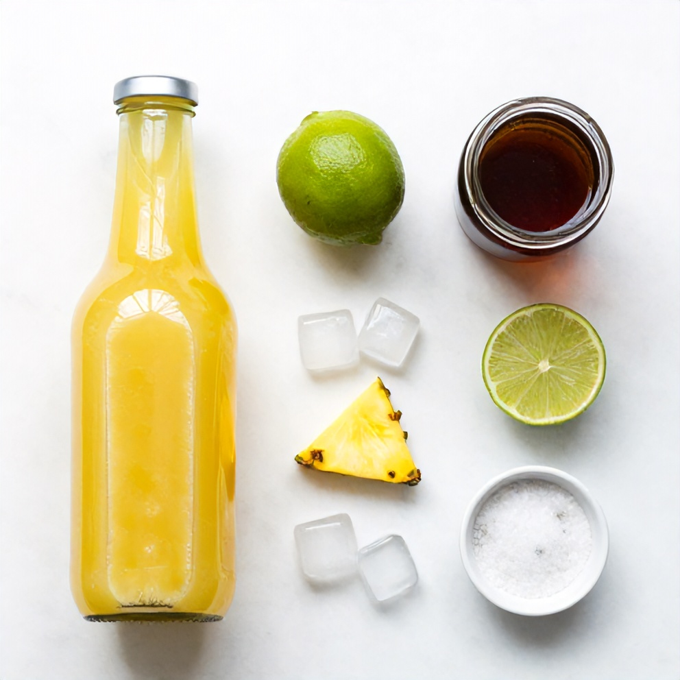 Raw ingredients for Pineapple Margarita Mocktail including pineapple juice, lime juice, simple syrup, ice, and salt