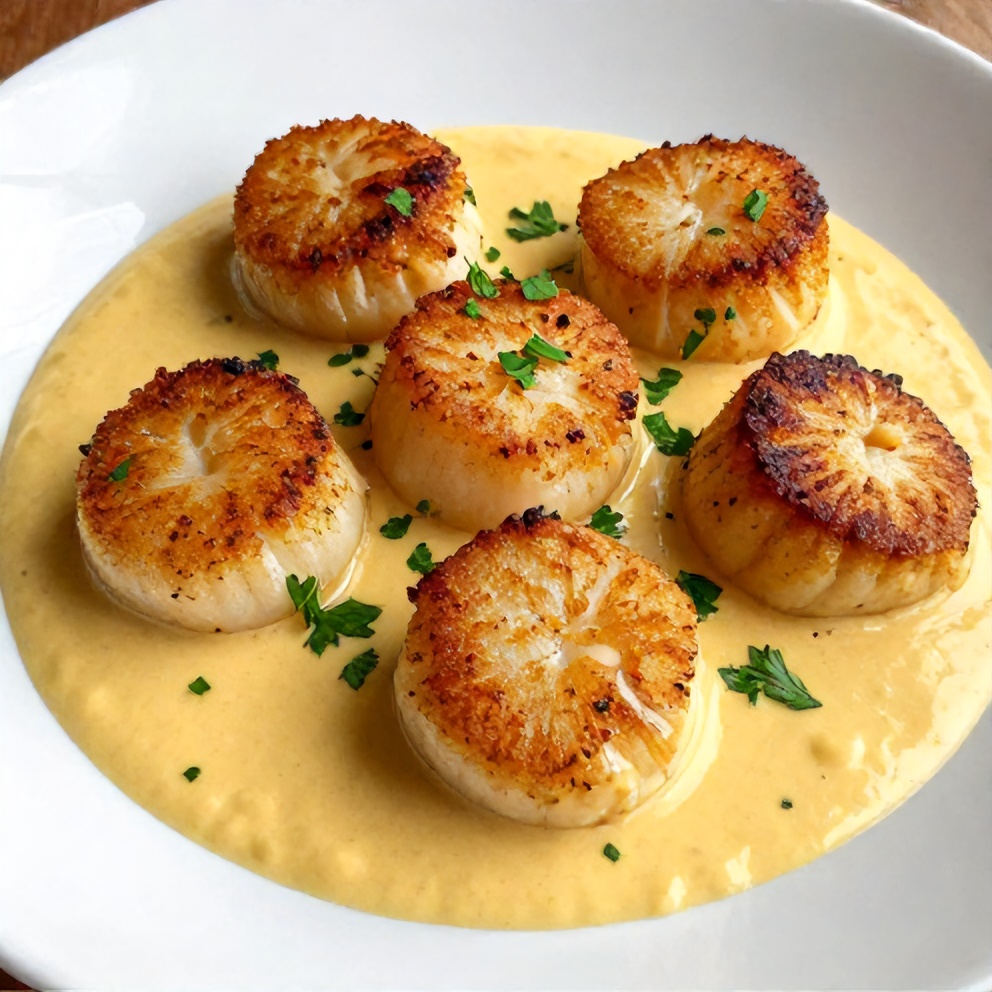 Plated Quick Cajun Scallops in Creamy Mustard Sauce