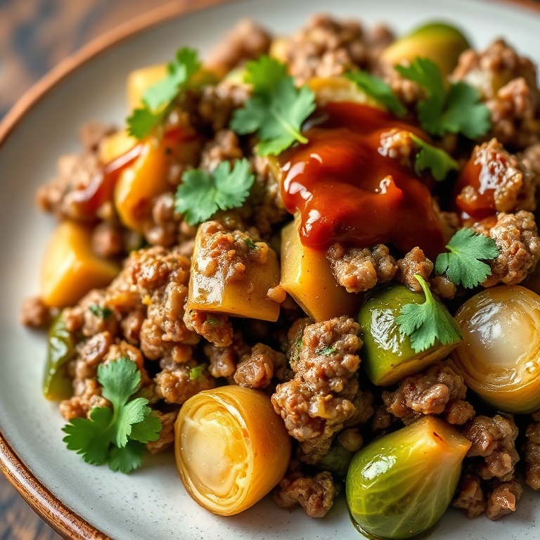 Plated ground beef and Brussels sprouts stir fry with a drizzle of sauce and fresh cilantro
