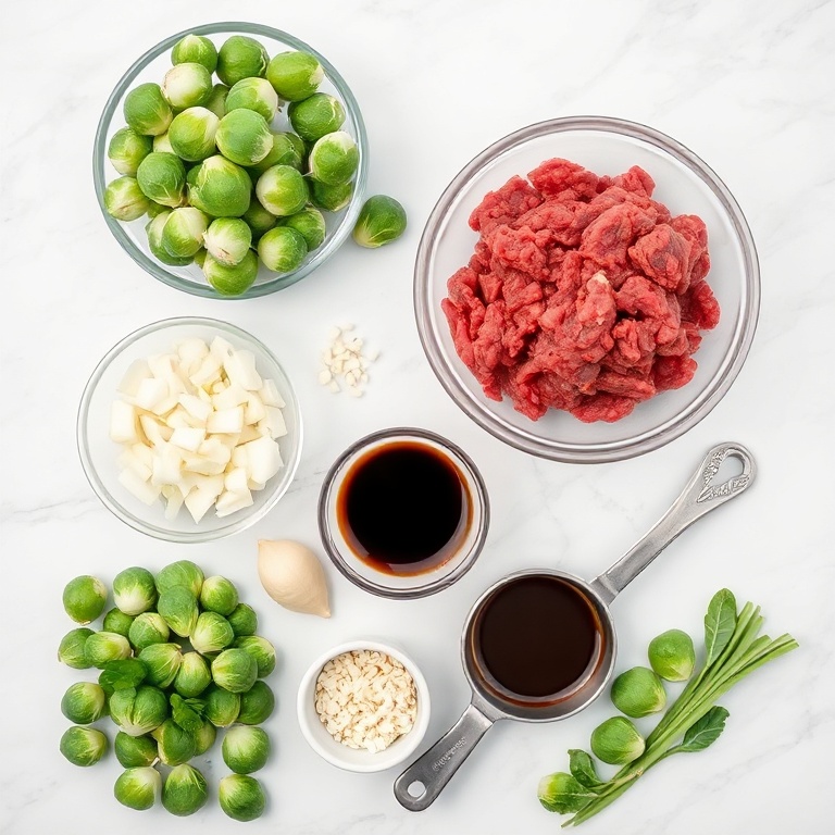 Raw ground beef, Brussels sprouts, onions, garlic, soy sauce, and ginger arranged in a flat lay
