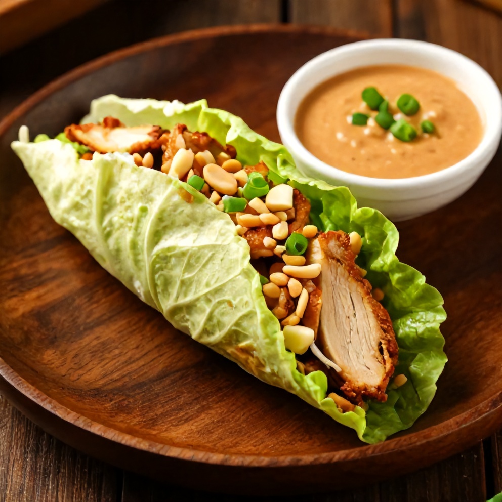 Plated chicken lettuce wraps with peanut sauce