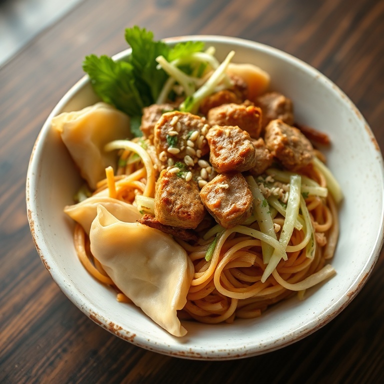A perfectly plated potsticker noodle bowl with crispy noodles, juicy pork, and fresh slaw garnished with sesame seeds.